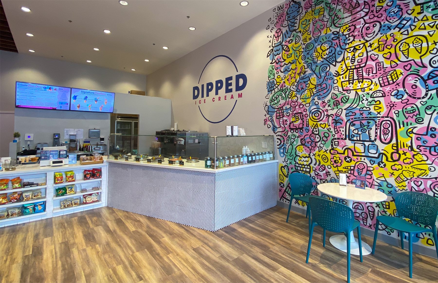 The Dipped Ice Cream counter and doodle mural wall in El Segundo